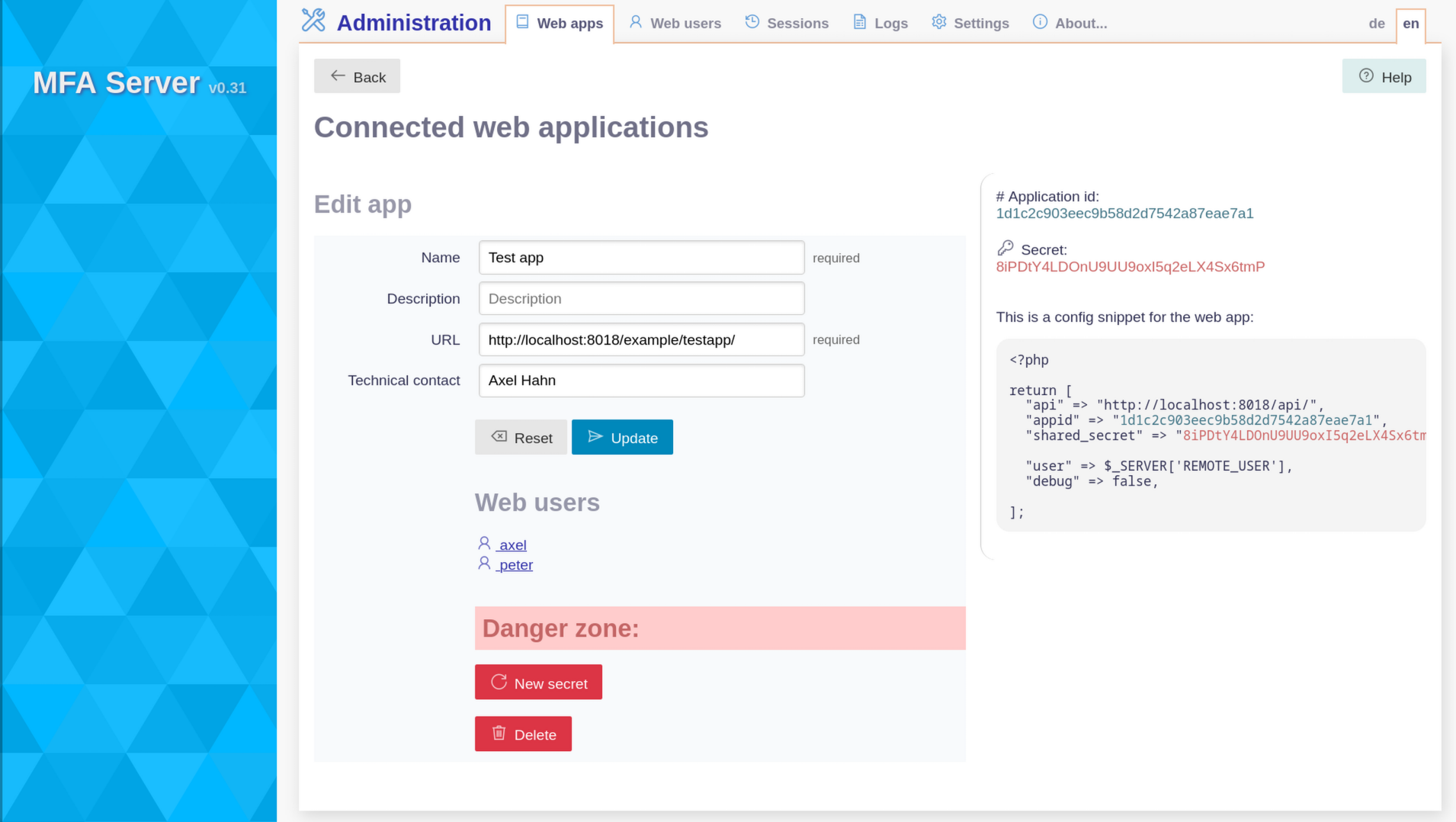Screenshot: admin - list of web apps