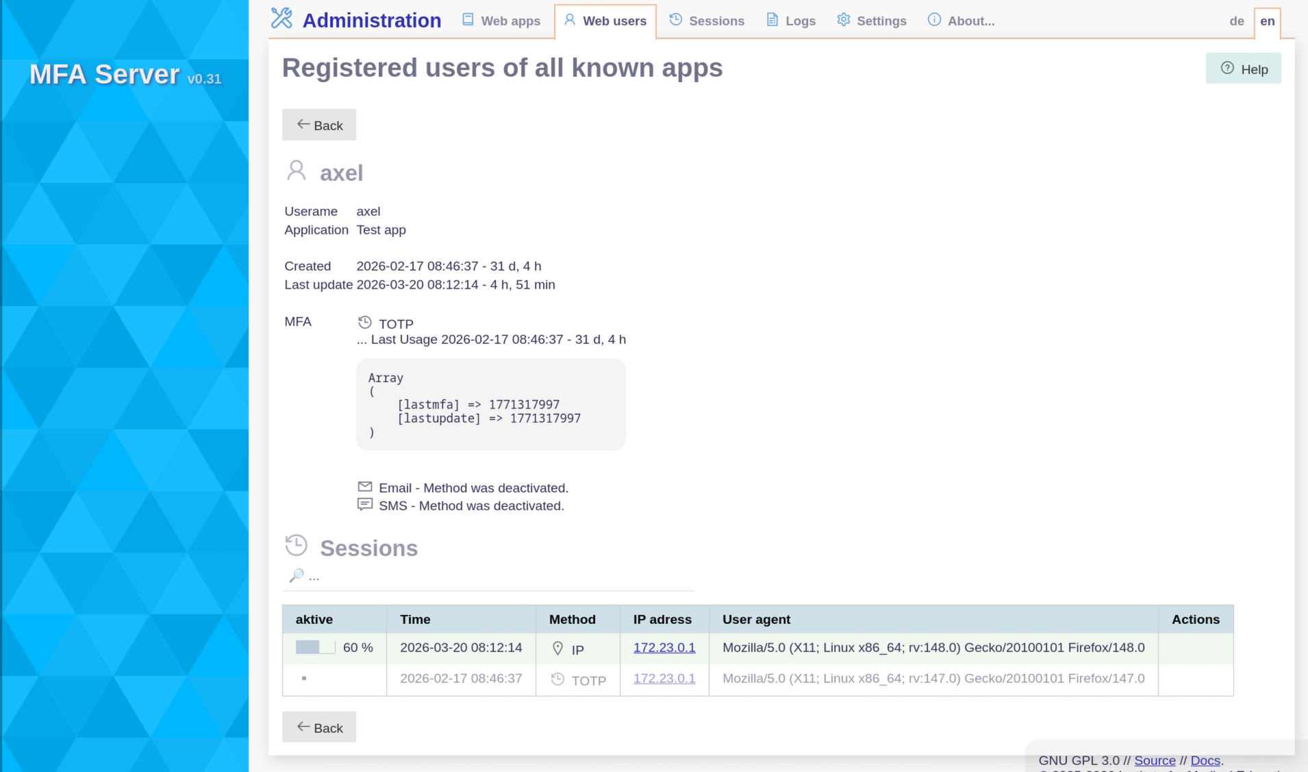 Screenshot: admin - list of users