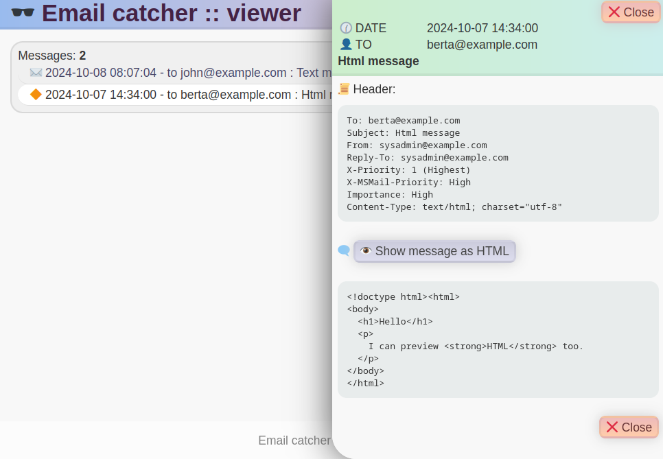 Screenshot: Show details of an html message